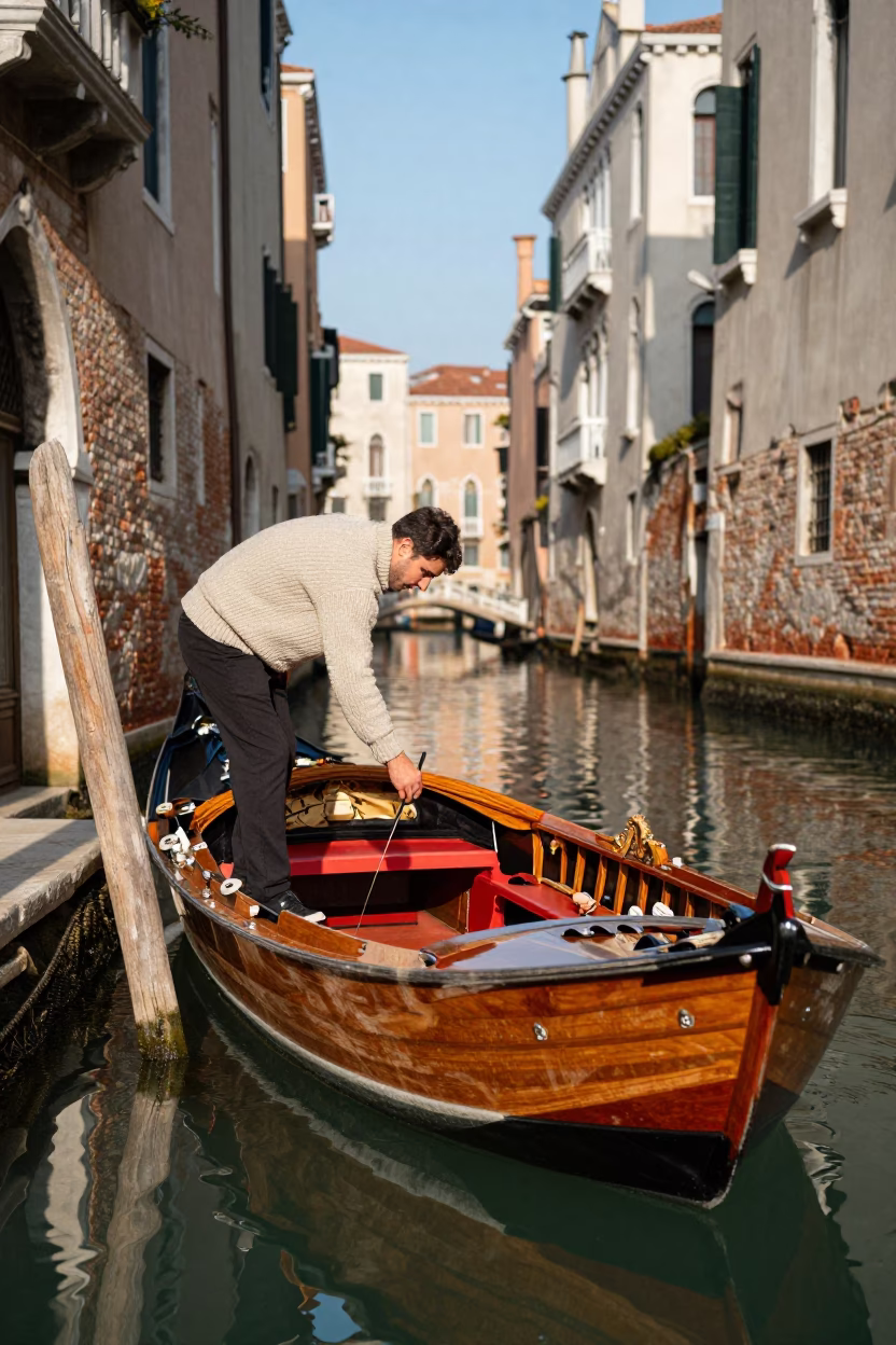 Venice Wooden Boat at Noon Light in in Venice, Italy