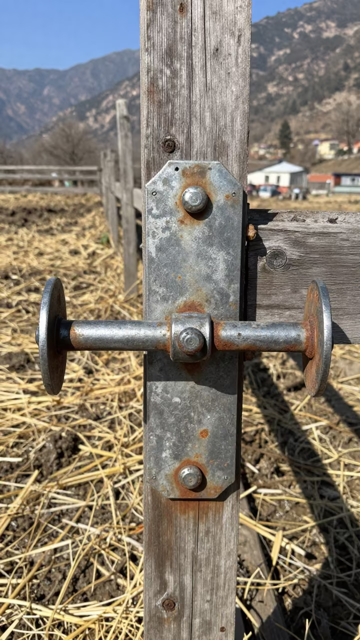 Weathered Ventilation Crank Board in Himachal Paddock in along a muddy paddock fence in Himachal Pradesh