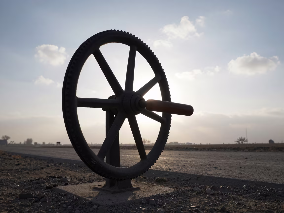 Ventilation Crank Board Silhouetted in Kashmir Predawn in along a feedlot lane in Kashmir
