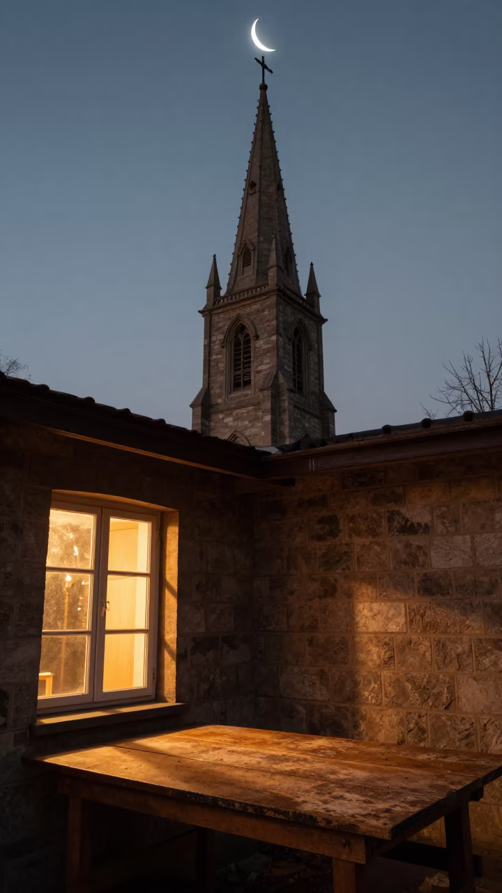 Venus Crescent Over Chiniot Church Spire in on a wooden workbench in Chiniot