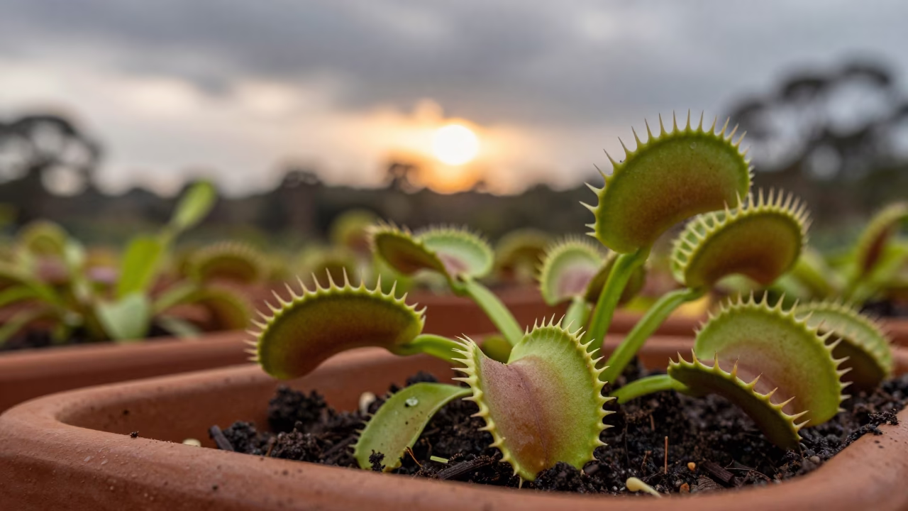 Venus Flytrap Closed Trap in NSW Garden in among terraced garden plots in New South Wales