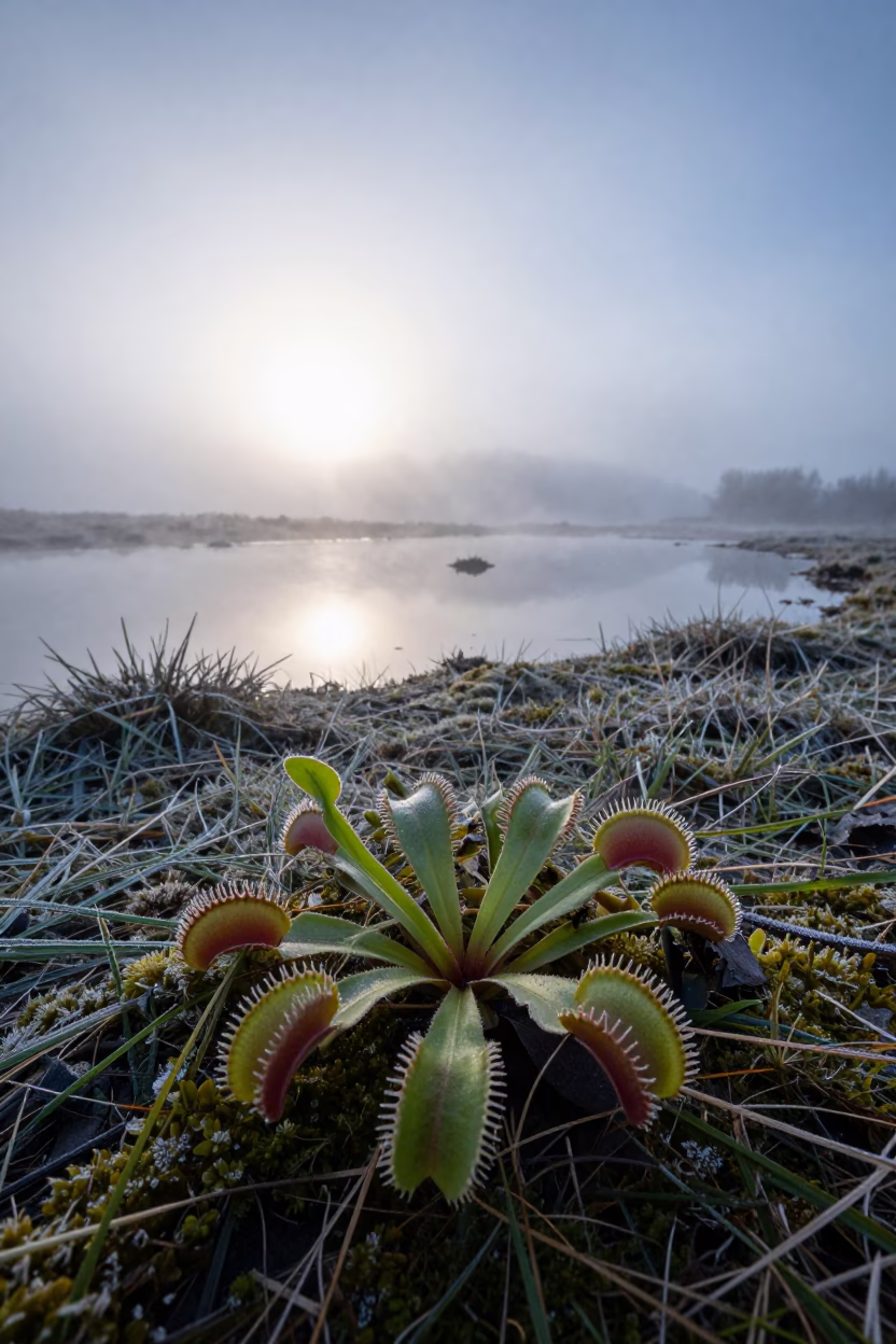 Venus Flytrap With Insect In Misty Bog Near Kohat in near Kohat