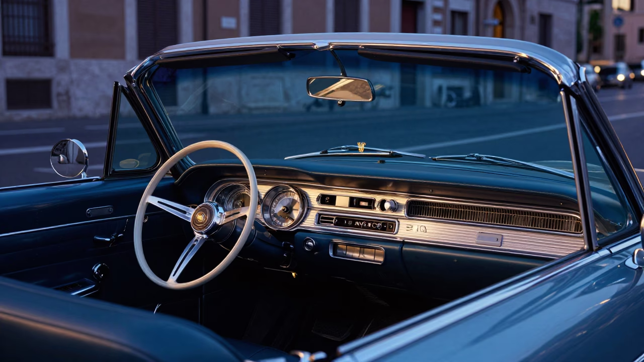 Venus Flytrap on Vintage Car Dashboard in Rome Indigo Twilight High Fashion in in Rome, Italy