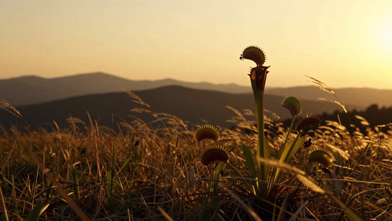 Silhouetted Venus Flytrap Against Slovenian Sunset in from a ridge above layered foothills in Slovenia