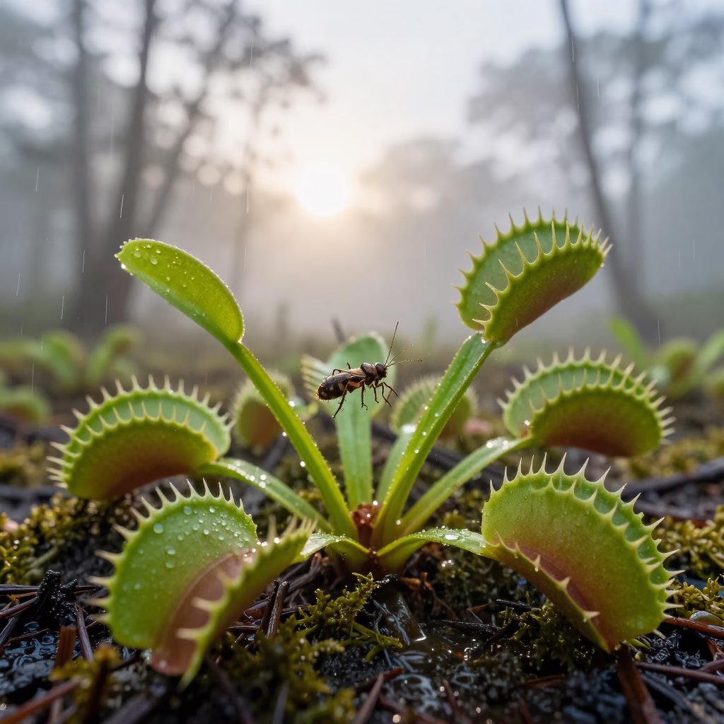 Venus Flytrap Trapping Insect Sumatra Bog Morning in in Sumatra