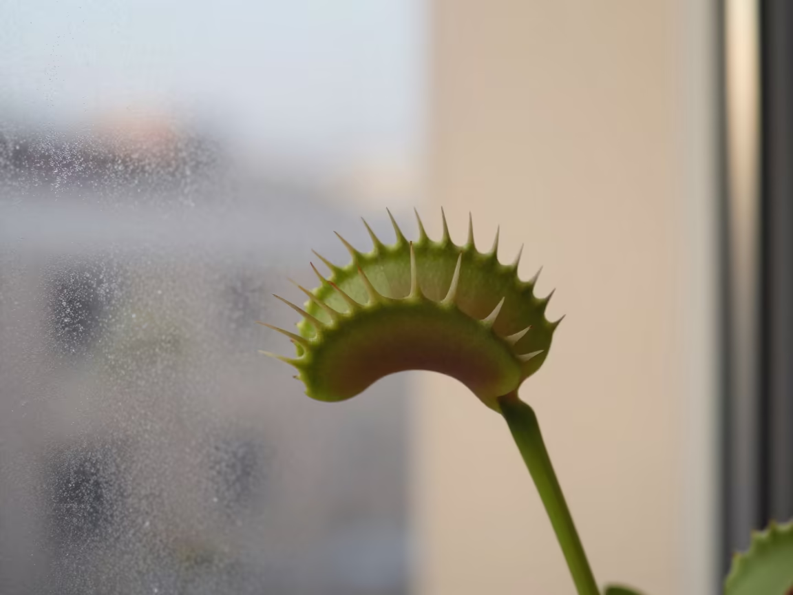 Venus Flytrap Trigger Hairs Macro in along a frost-edged windowpane in Barceloneta, Barcelona