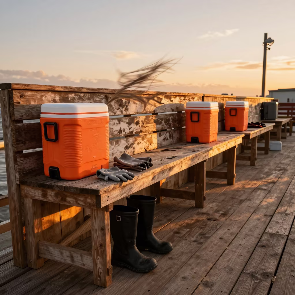 Veracruz Deck Bench Lunch Coolers Evening Light in on an active construction deck near Veracruz
