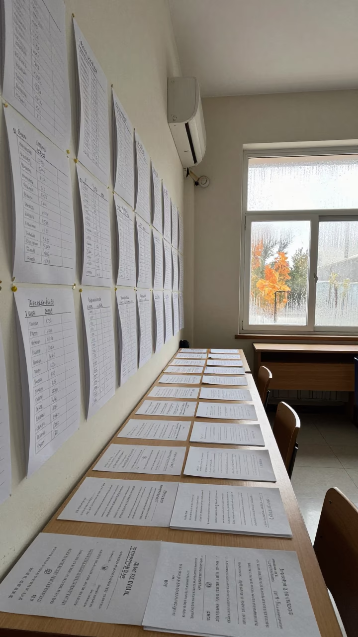 Verb Charts on Classroom Wall Near Shiraz in at a seminar table covered in notes near Shiraz
