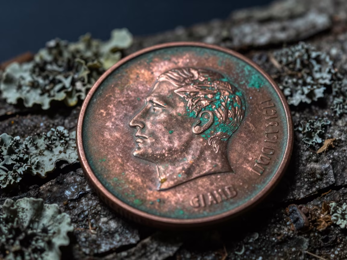 Verdigris on Copper Penny Macro Shot in on lichen-covered bark near Lublin