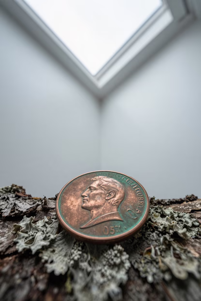 Verdigris on Copper Penny Monsoon Chiniot in on lichen-covered bark in Chiniot