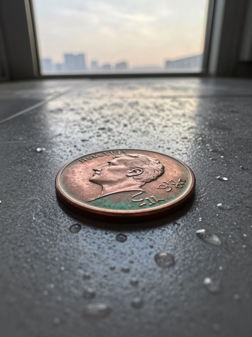 Verdigris on Copper Penny in Seoul Dawn in across a rain-beaded metal surface in Hongdae, Seoul
