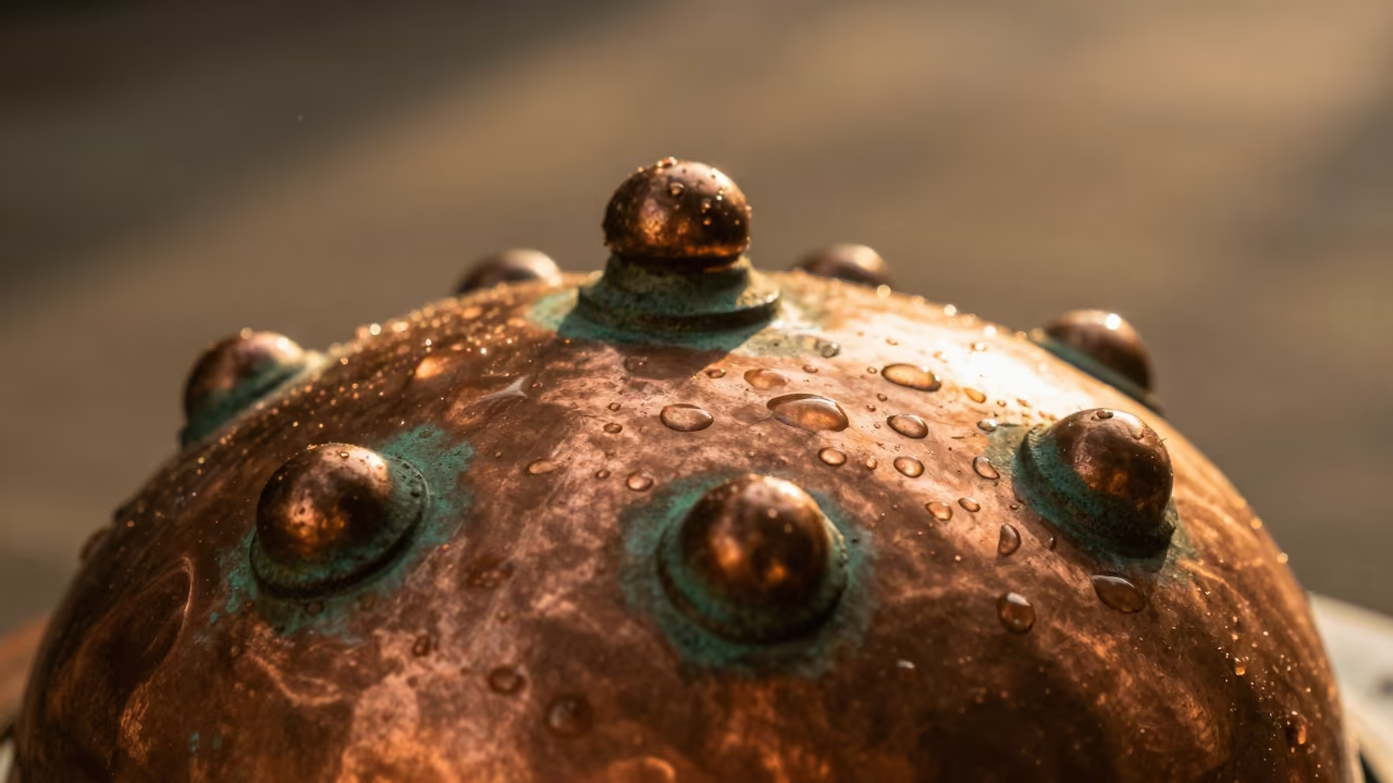 Verdigris Patina on Copper Dome Rivet in Liwan in across a rain-beaded metal surface in Liwan, Guangzhou