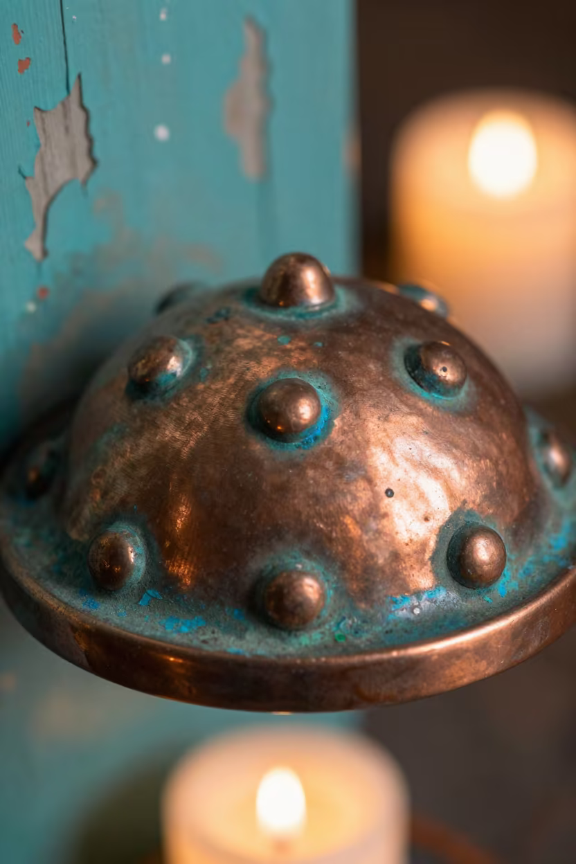 Verdigris Patina on Copper Dome Rivet in against weathered turquoise paint near Hohhot