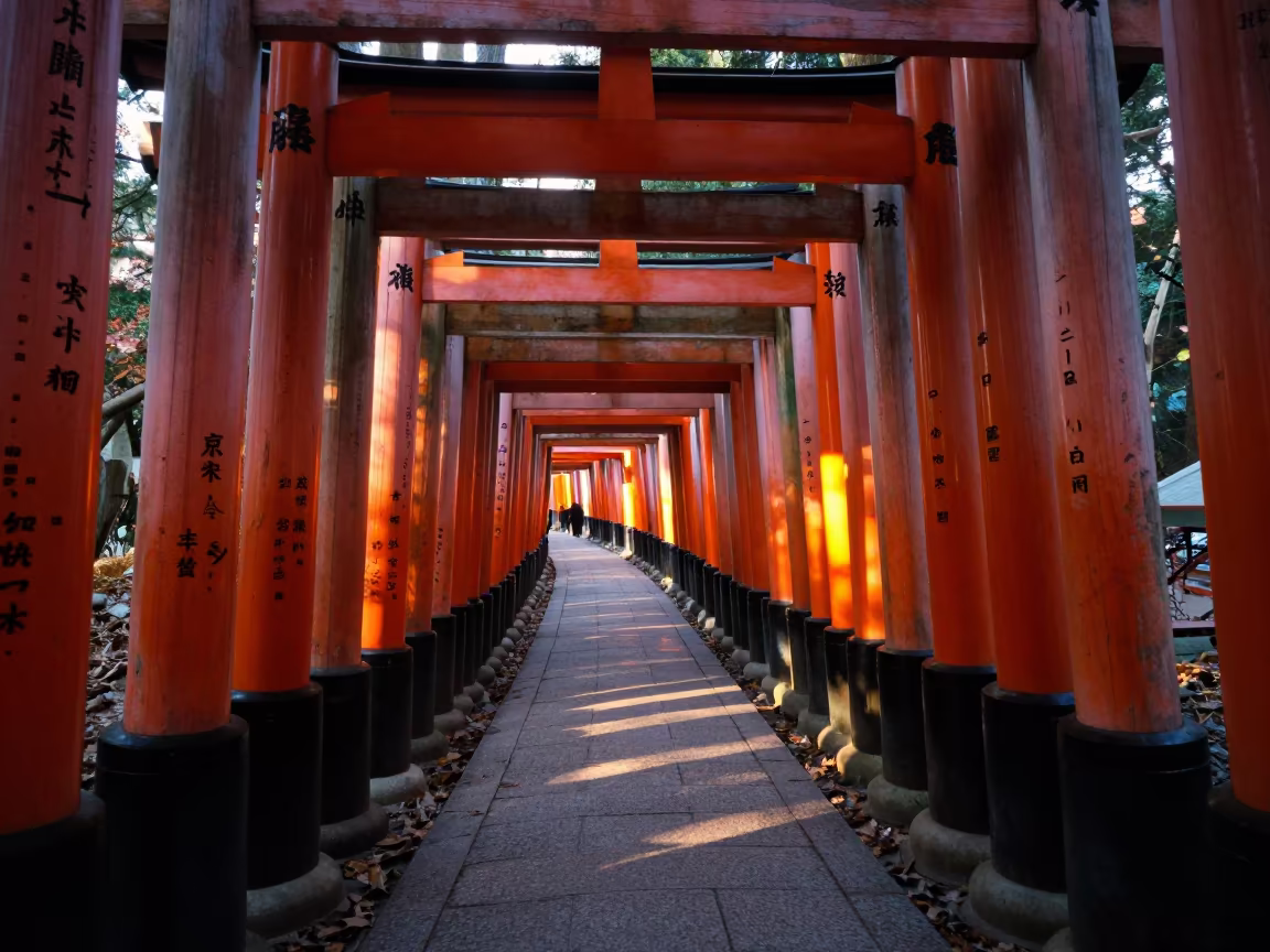Vermilion Torii Gates Path in Kamakura Shrine in beside a prayer wheel corridor in Kamakura