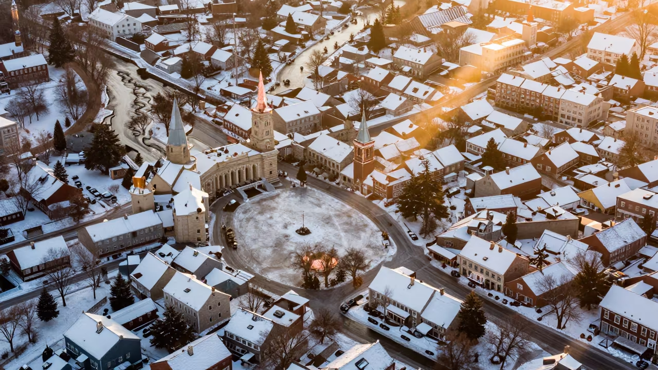 Vermont Winter Town Aerial Copper Light in high above braided river channels in Vermont