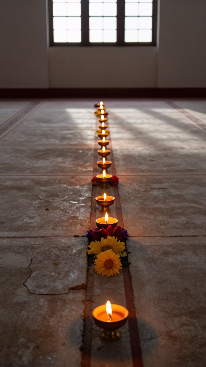 Vesak Lamps Bloom from Mosque Floor Cracks in in a mosque prayer hall in Perth