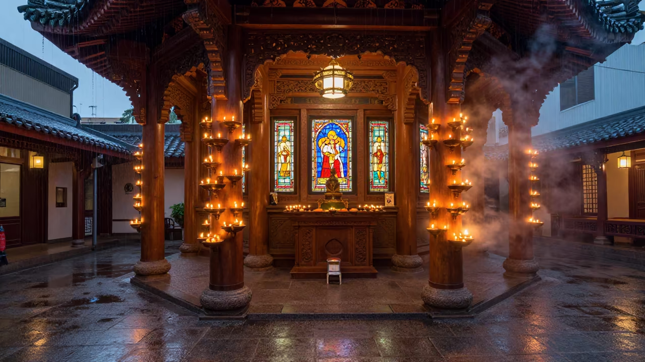 Vesak Temple Chapel Lit by Thousand Oil Lamps in in a chapel lit by stained glass in Little Tokyo, Los Angeles