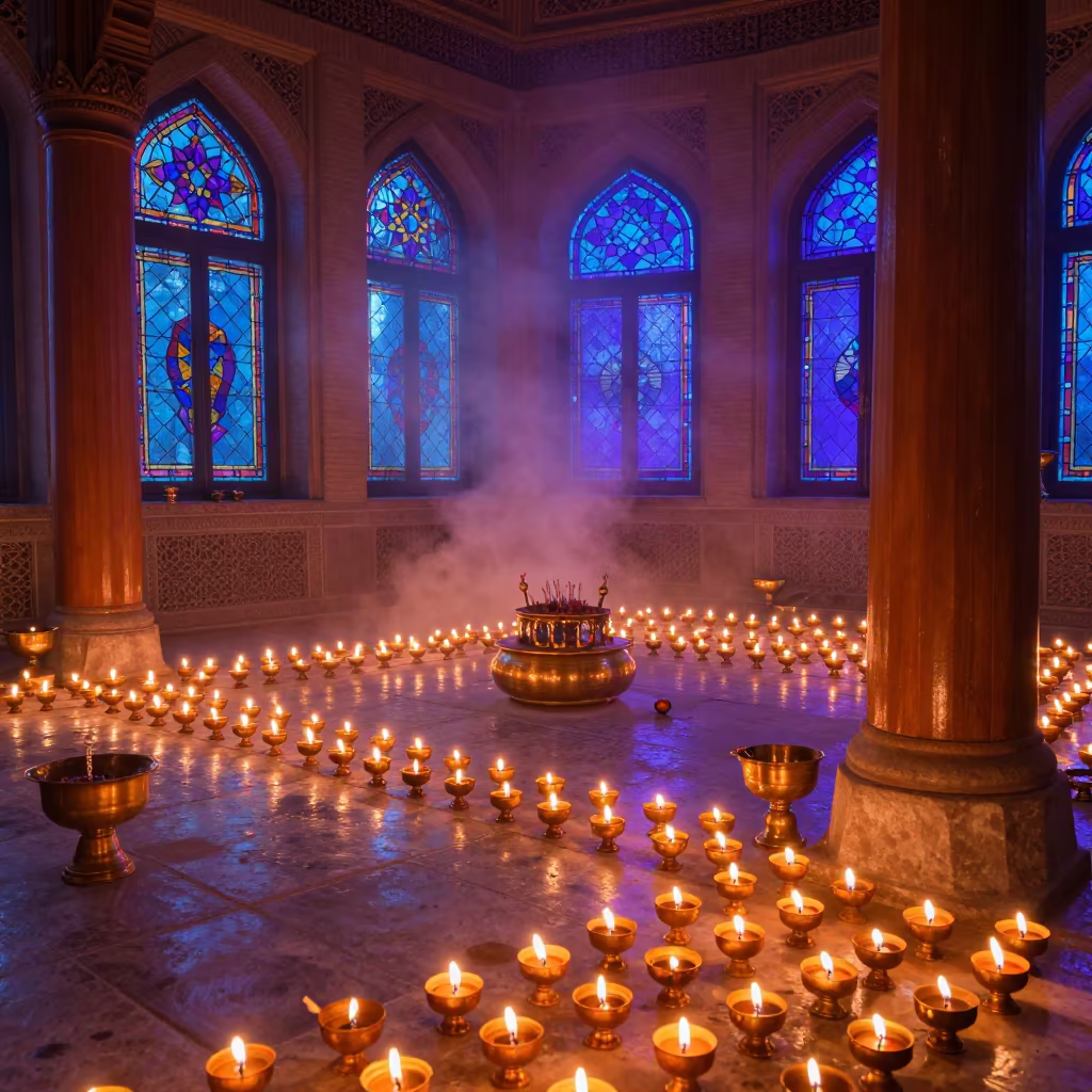 Vesak Temple Oil Lamps Dawn Light Shiraz in in a chapel lit by stained glass in Shiraz