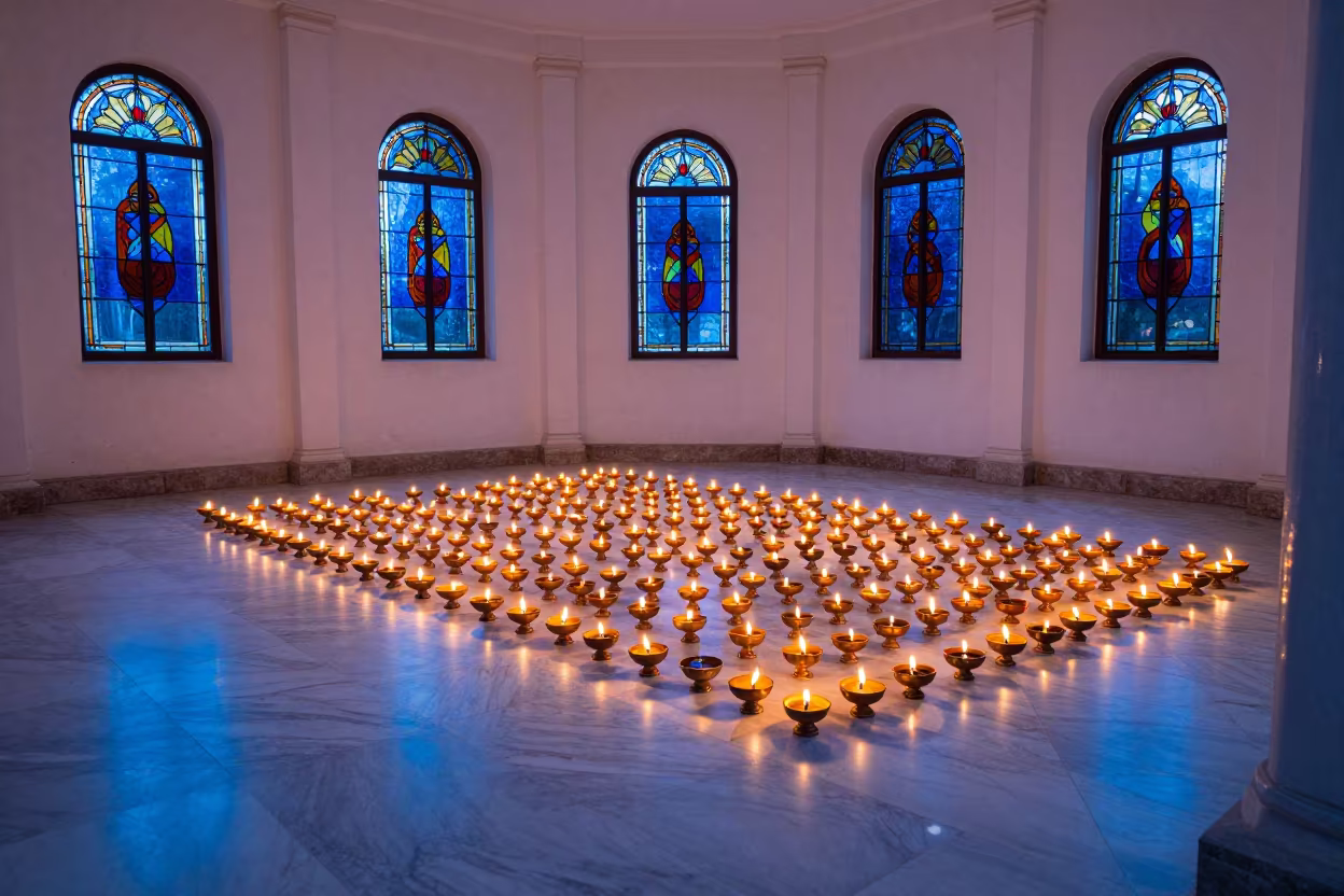 Vesak Temple Illuminated by Oil Lamps in Dhaka Chapel in in a chapel lit by stained glass in Dhanmondi, Dhaka