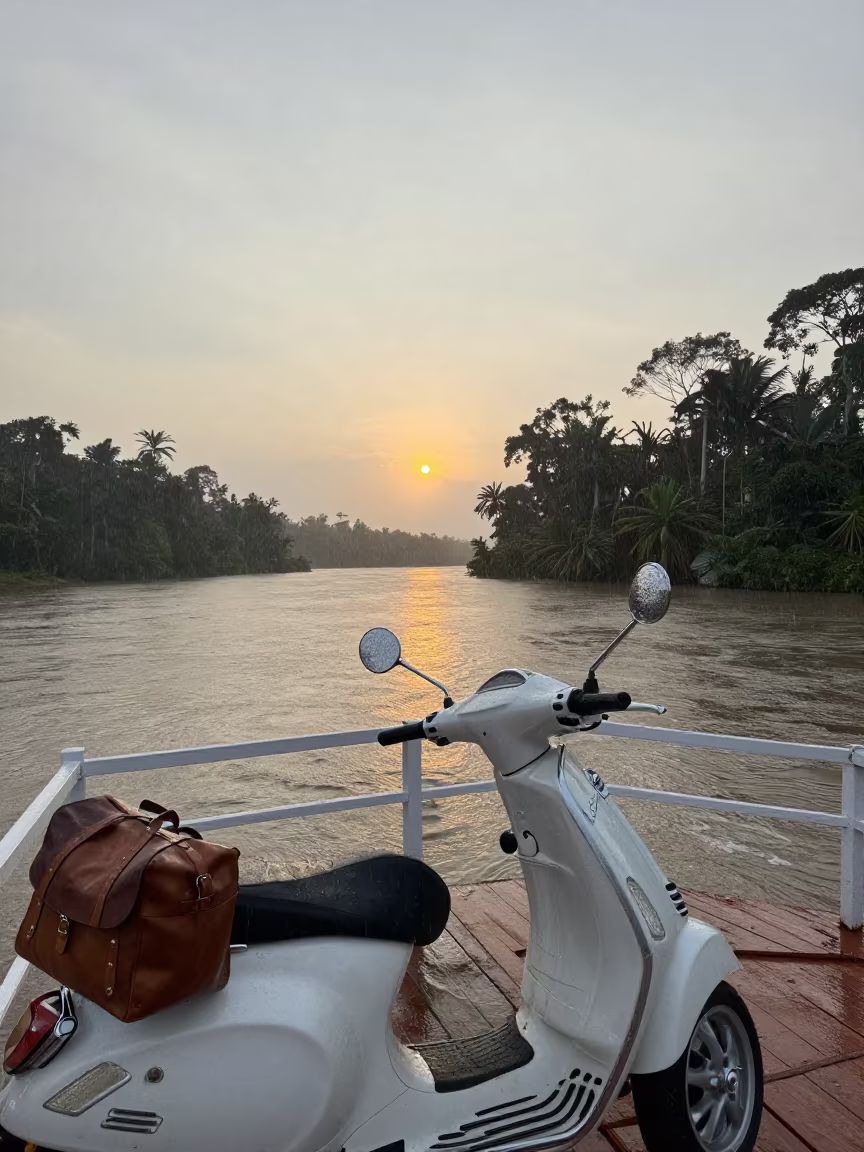 Vespa Ferry Crossing Amazon Rainforest Sunrise in across a remote ferry crossing in Amazonas