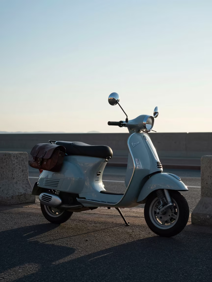 Vespa with Leather Bag on Causeway at Dawn in on a wind-open causeway near Changchun