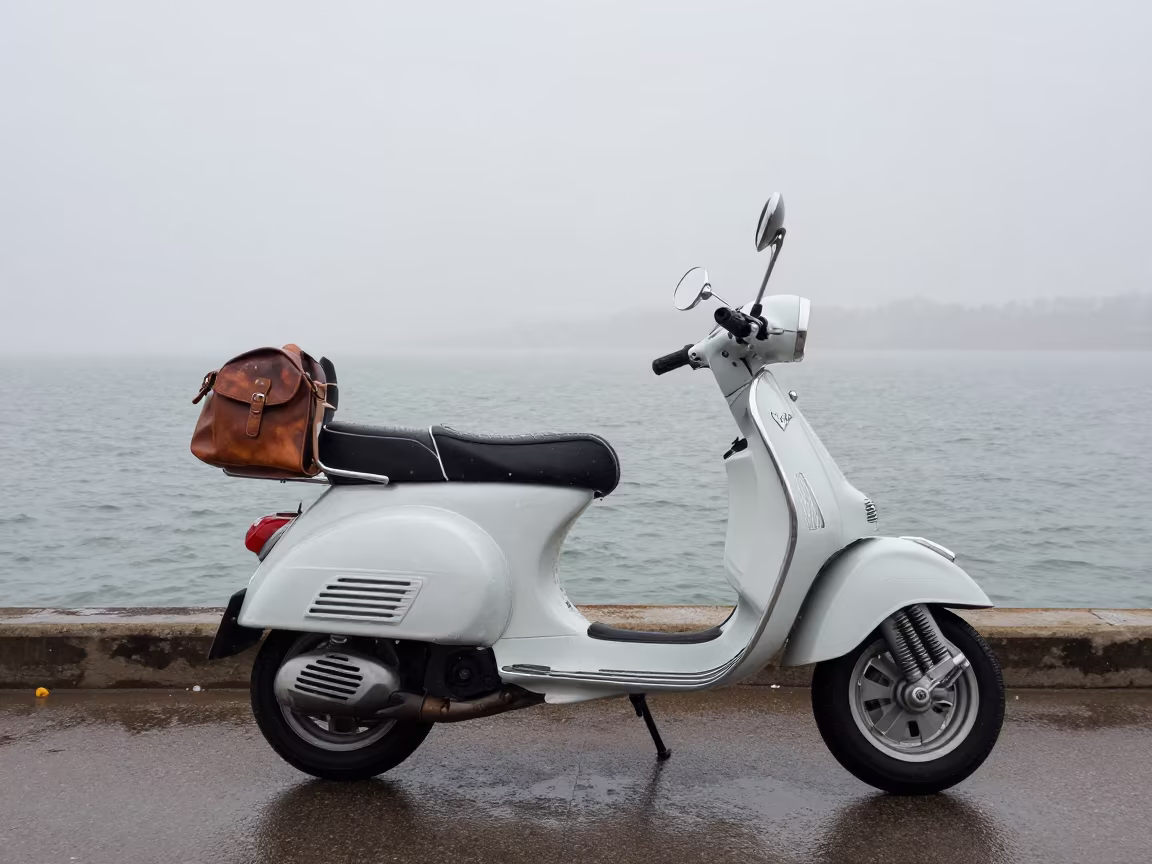 Vespa with Leather Bag in Foggy Illinois Harbor in beside a fogbound harbor mouth in Illinois