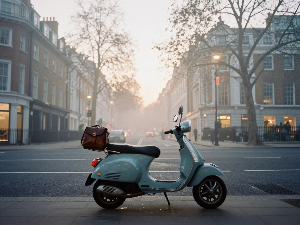 Vespa with Leather Bag in Misty London Evening in near Covent Garden, London