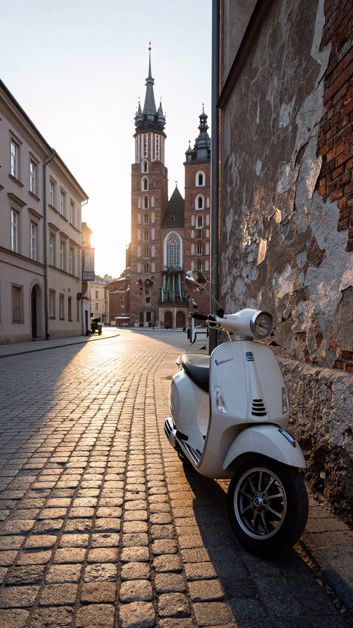 Vespa Parked at As First Light Reaches The Scene in Krakow in in Krakow, Poland