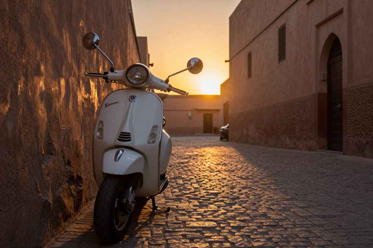 Vespa Parked at As The Sun Drops Toward The Horizon in Marrakech in in Marrakech, Morocco