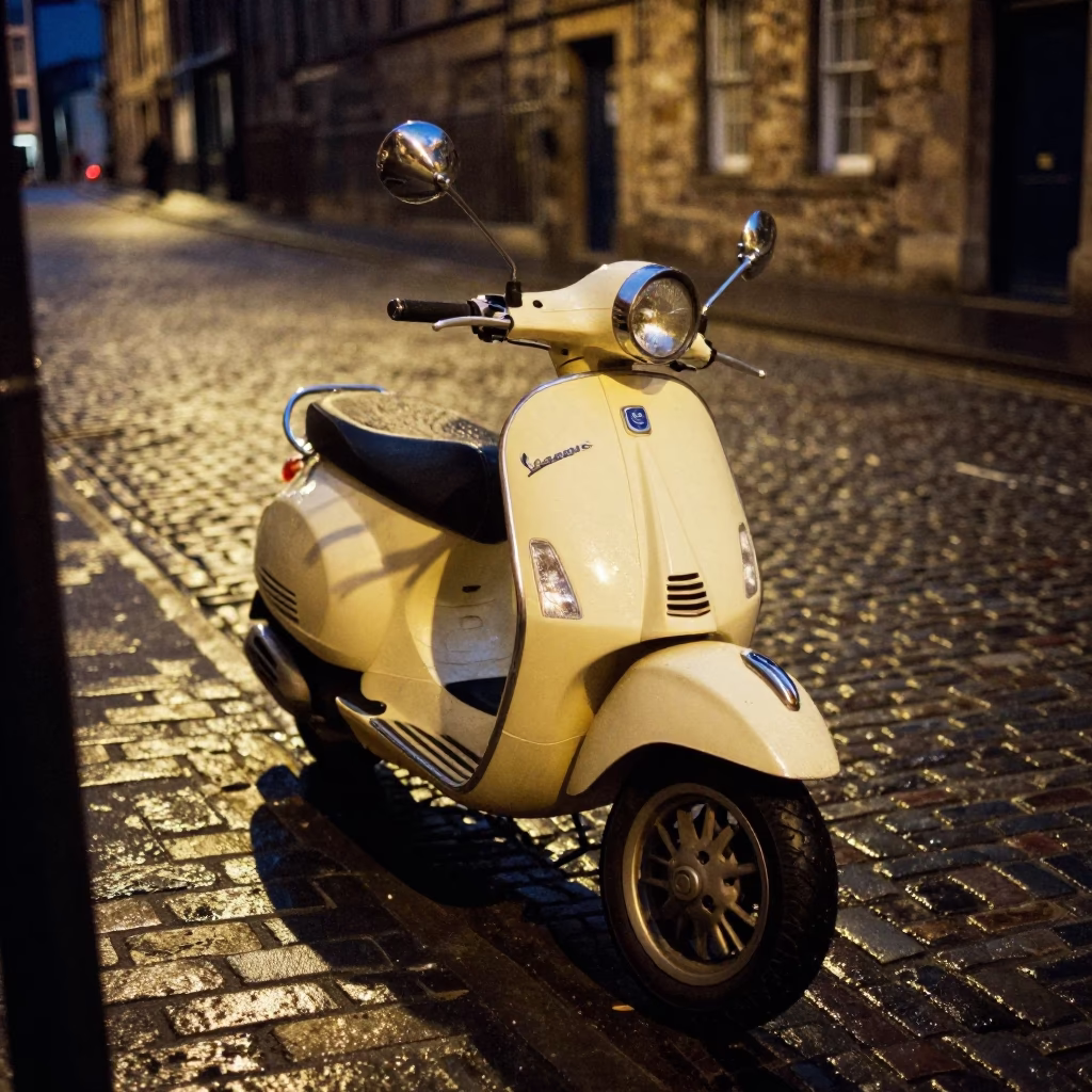 Vespa Parked at Late At Night Light in Edinburgh in in Edinburgh, United Kingdom