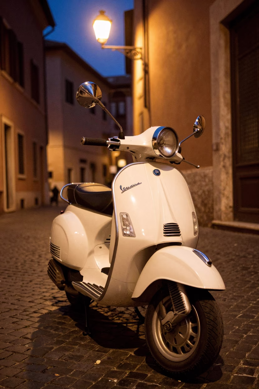 Vespa Parked at Midnight Light in Rome in in Rome, Italy