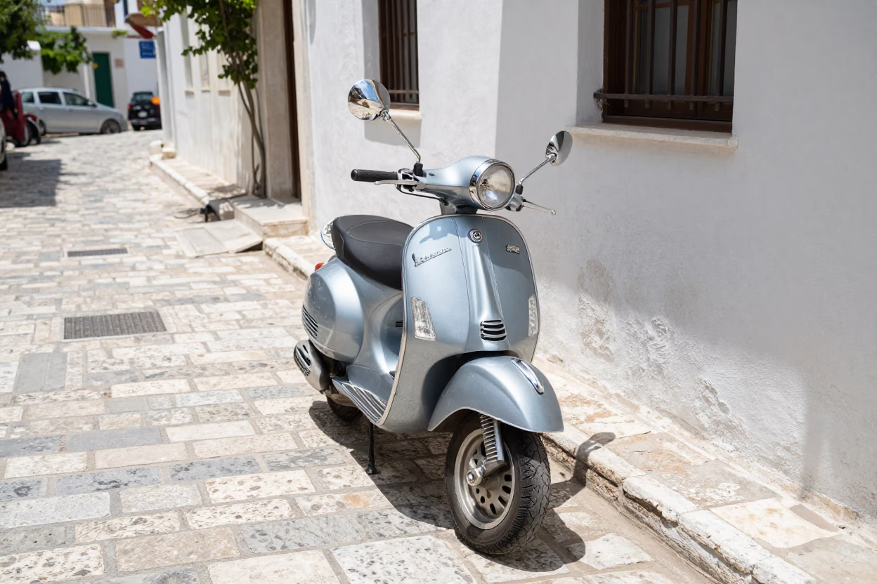 Vespa Parked at The Flat Glare Of Noon Light in Athens in in Athens, Greece