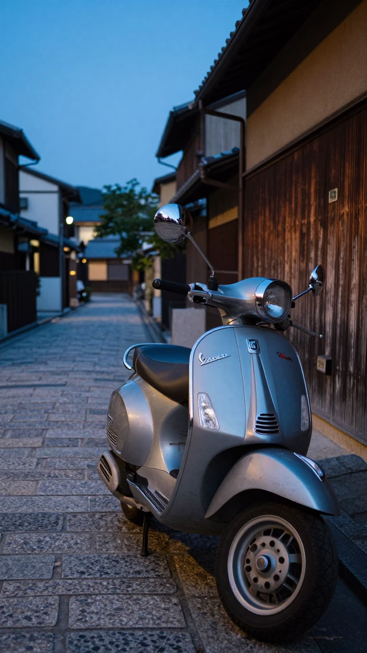 Vespa Parked at Twilight in Kyoto in in Kyoto, Japan