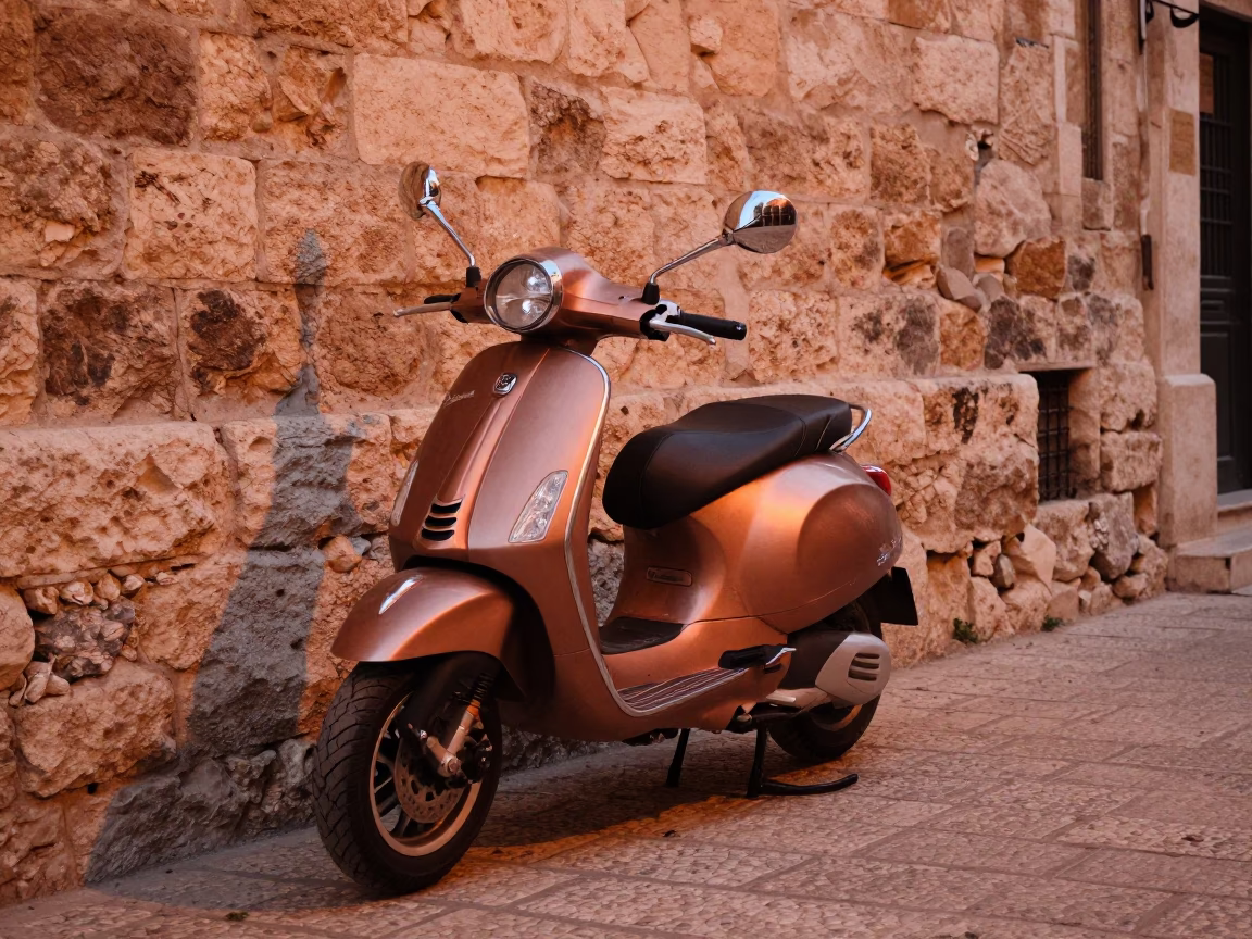 Vespa Parked in Amman at Copper-toned Light Before Dusk in in Amman, Jordan