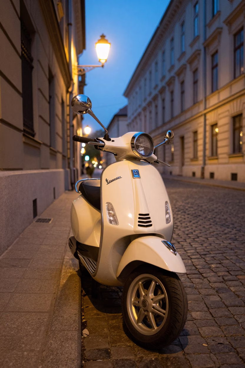 Vespa Parked in Budapest at As City Lights Begin To Glow in in Budapest, Hungary