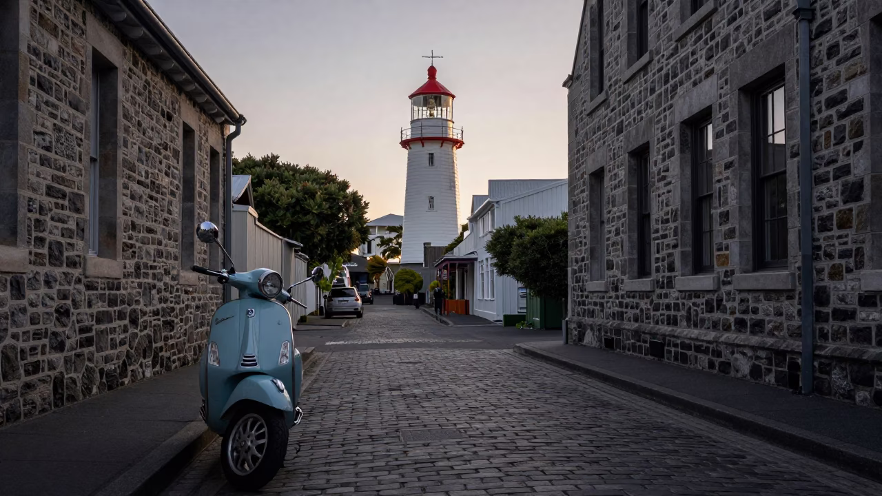 Vespa Parked in Christchurch at Nautical Dawn Light in in Christchurch, New Zealand