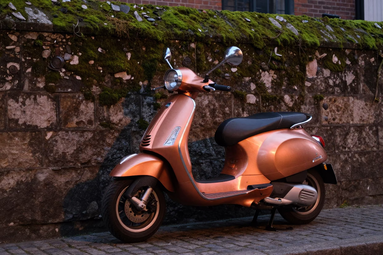 Vespa Parked in Dublin at Copper-toned Light Before Dusk in in Dublin, Ireland