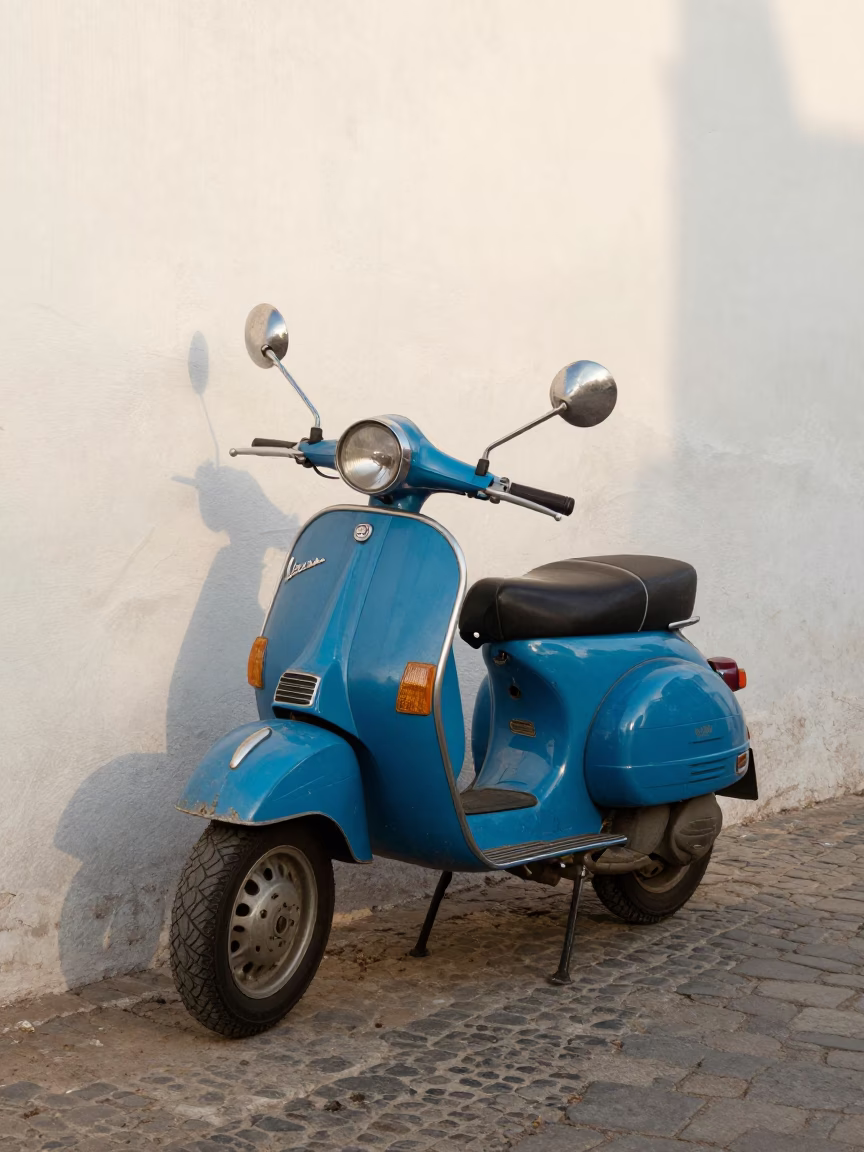Vespa Parked in Essaouira at The Early Afternoon Light in in Essaouira, Morocco