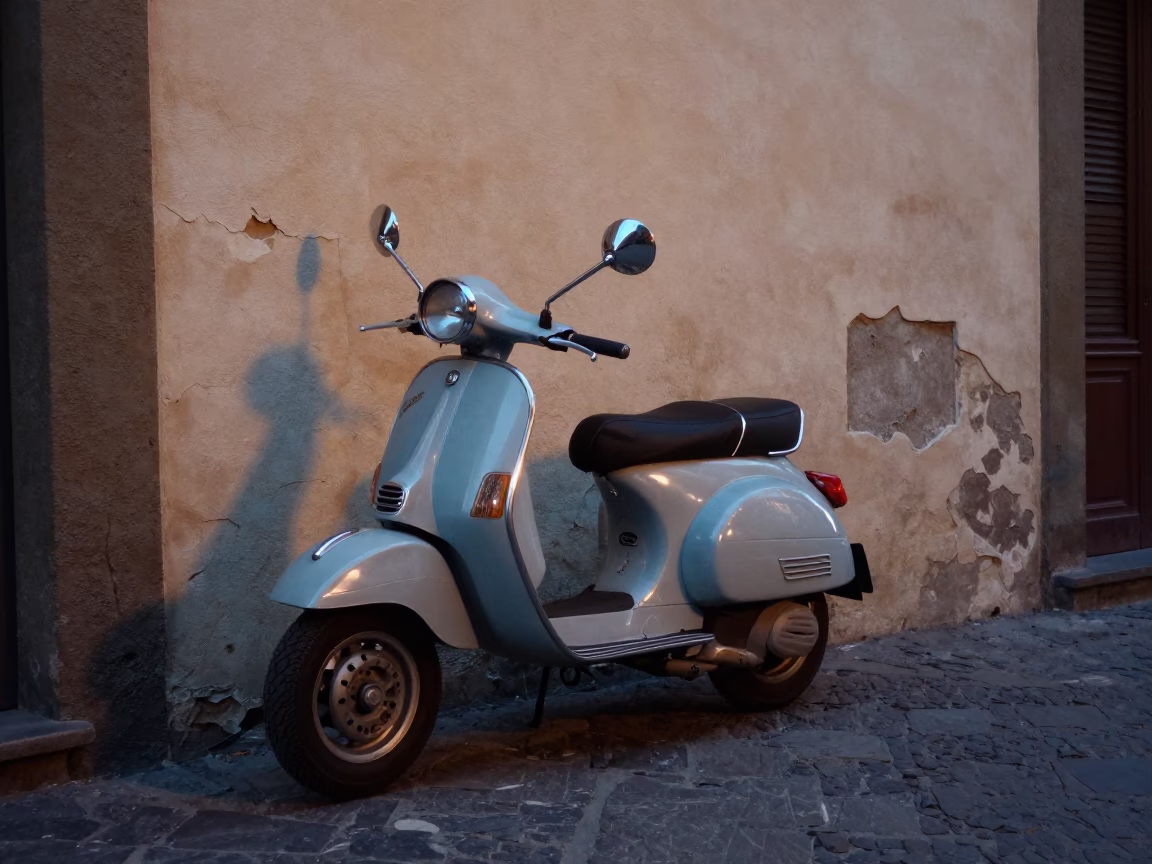 Vespa Parked in Florence at Nautical Dawn Light in in Florence, Italy