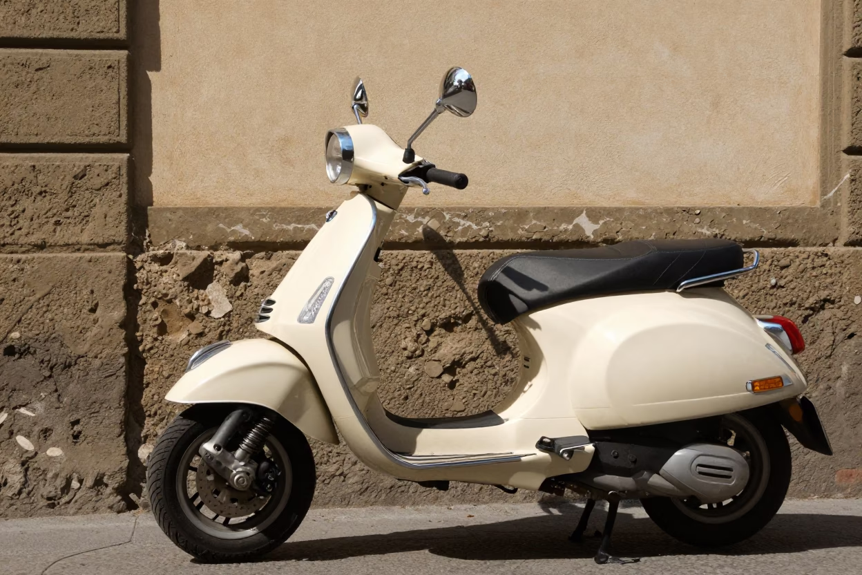 Vespa Parked in Florence at The Flat Glare Of Noon Light in in Florence, Italy