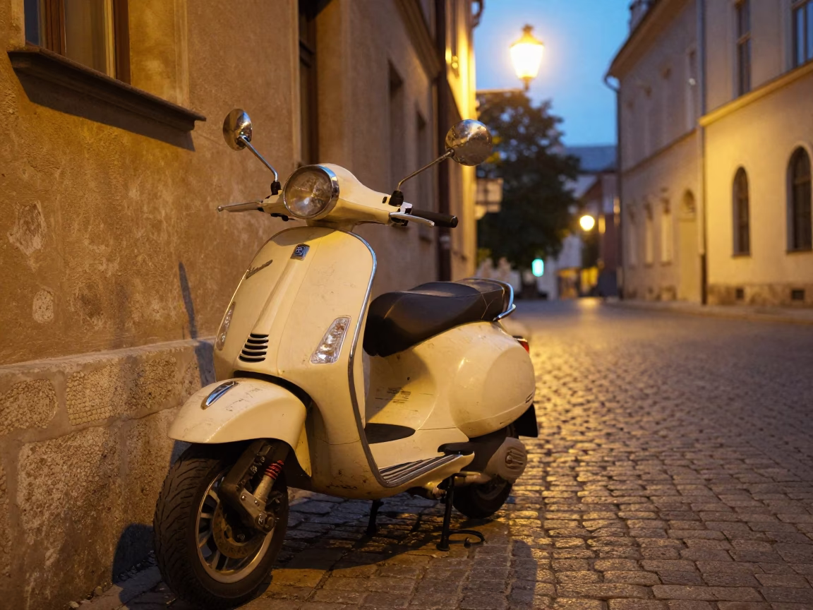 Vespa Parked in Krakow at As City Lights Begin To Glow in in Krakow, Poland