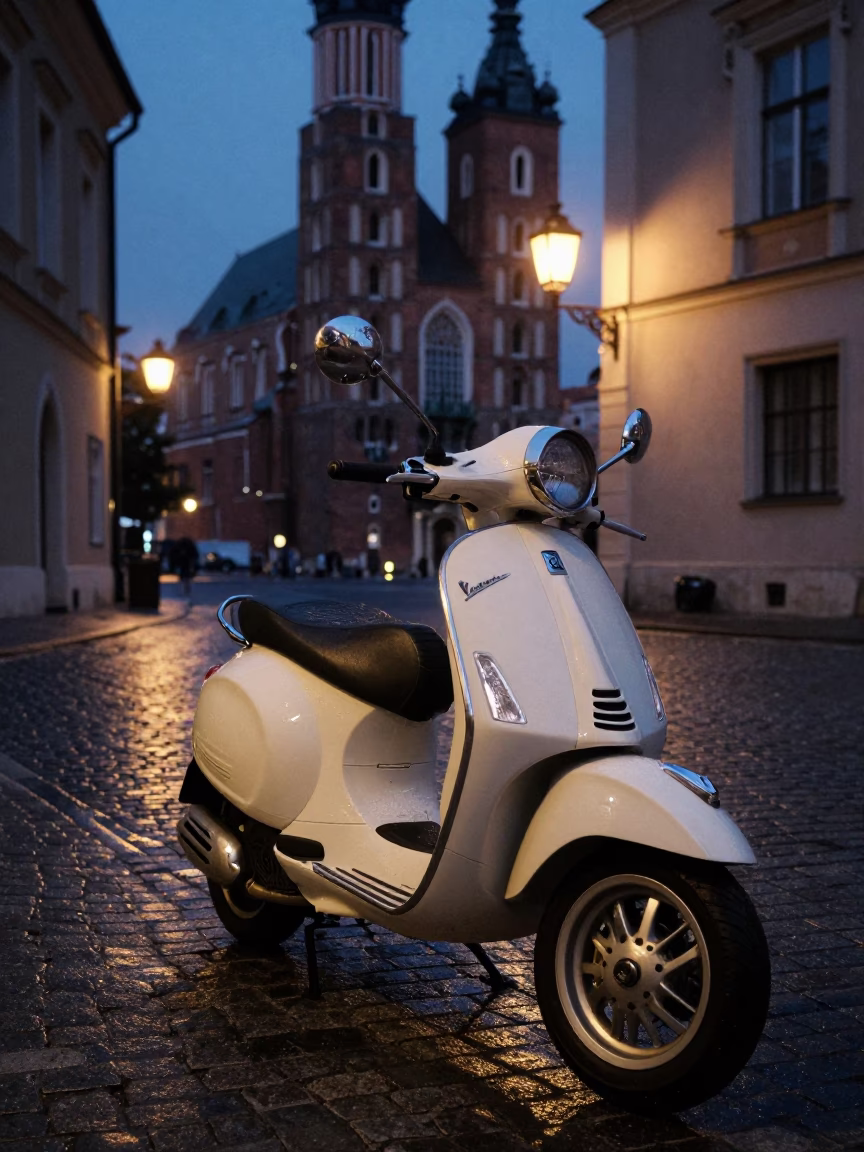 Vespa Parked in Krakow at The Predawn Darkness Light in in Krakow, Poland