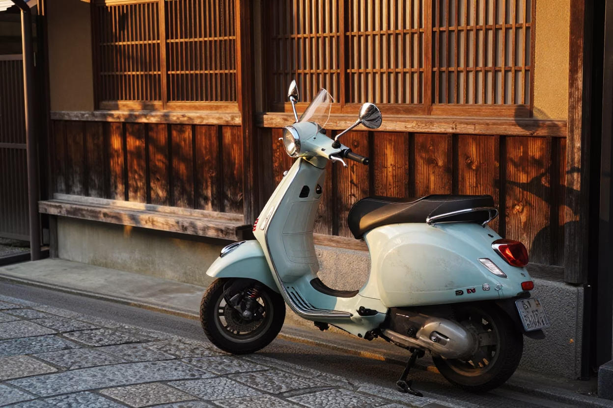Vespa Parked in Kyoto at Golden Hour in in Kyoto, Japan