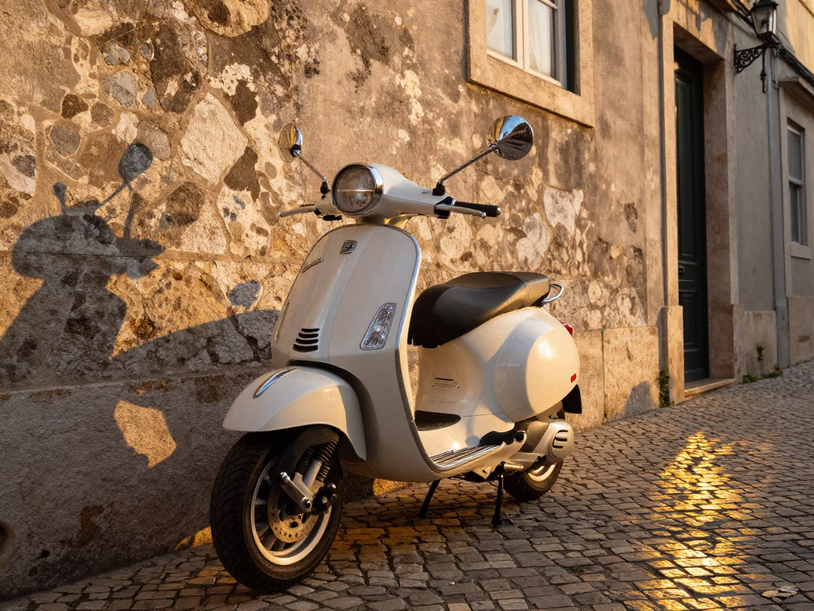 Vespa Parked in Lisbon at Golden Hour in in Lisbon, Portugal