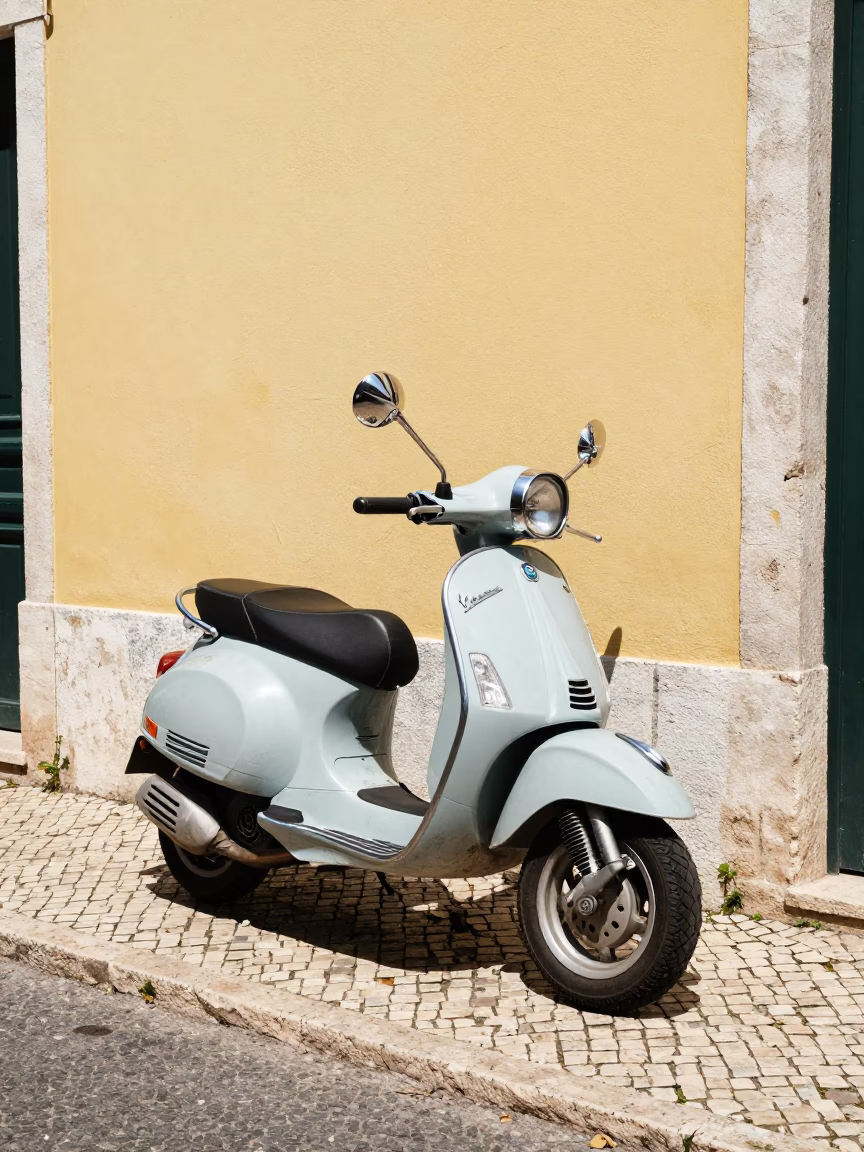 Vespa Parked in Lisbon at The Flat Glare Of Noon Light in in Lisbon, Portugal