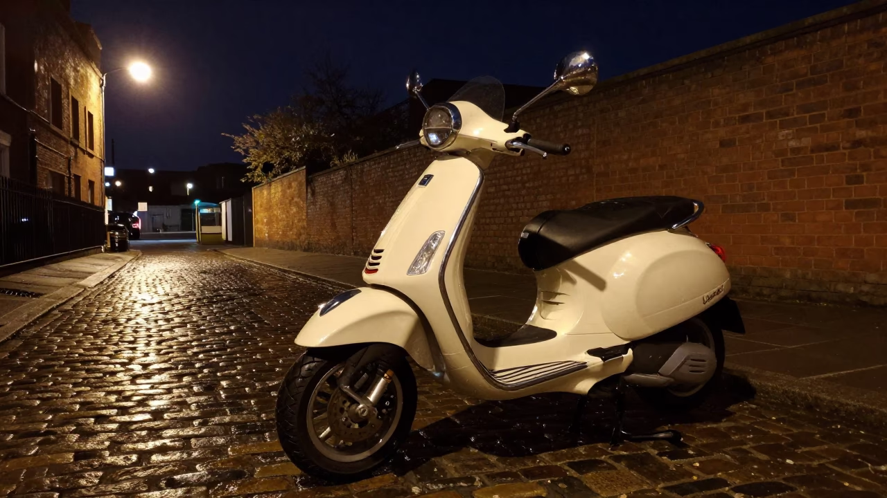 Vespa Parked in Liverpool at Deep In The Night Light in in Liverpool, United Kingdom