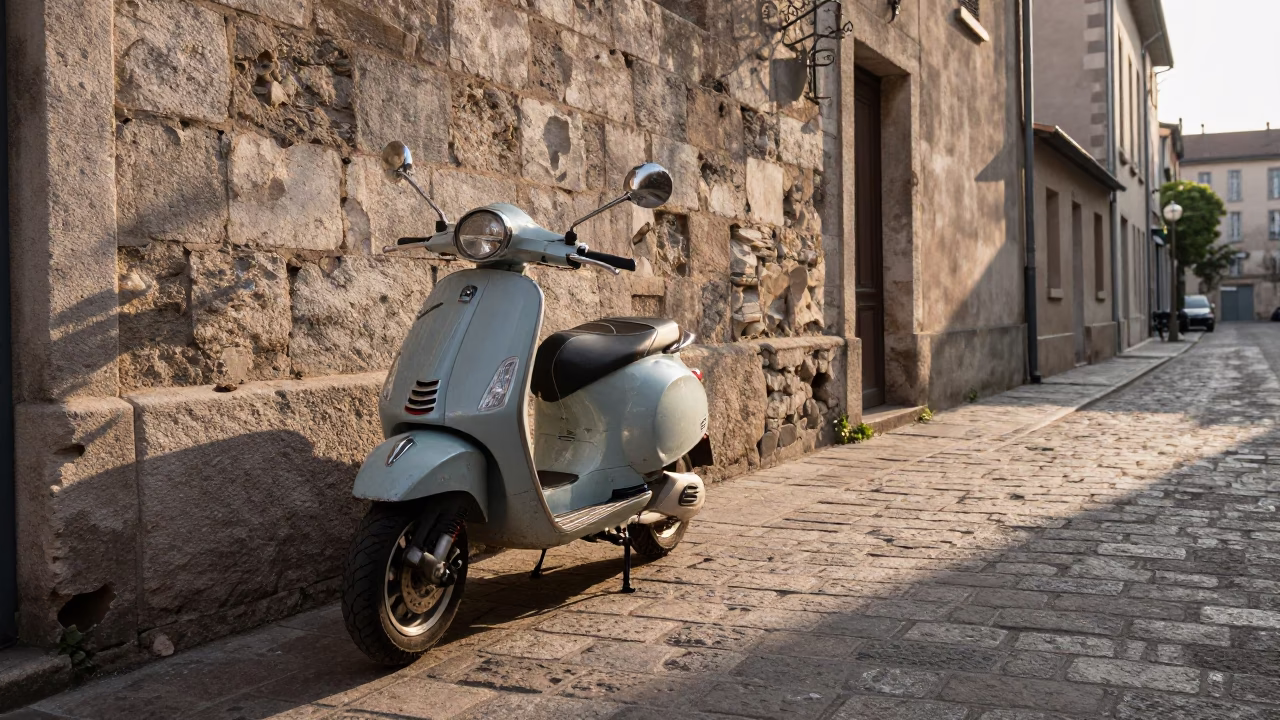 Vespa Parked in Lyon at First Light Of Dawn in in Lyon, France