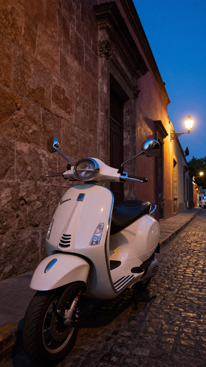 Vespa Parked in Mexico City at Indigo Twilight After Sunset in in Mexico City, Mexico