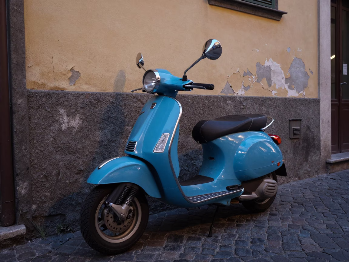 Vespa Parked in Naples at The Last Blue Light Of Evening in in Naples, Italy