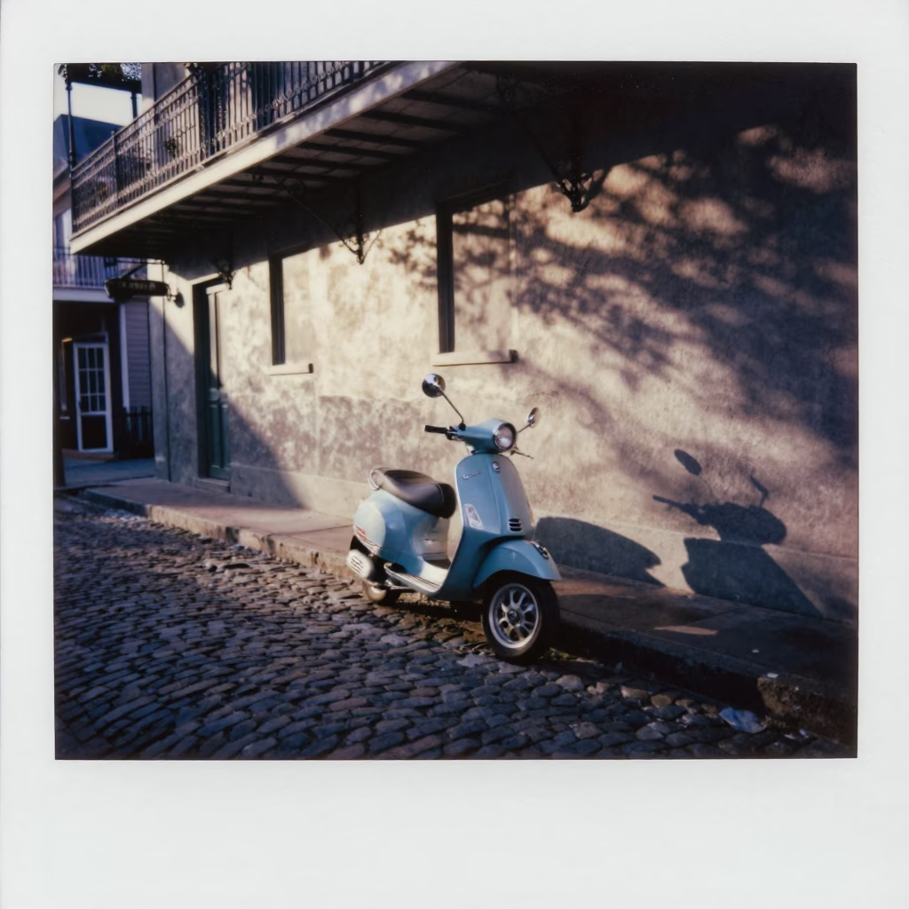 Vespa Parked in New Orleans at First Light Of Dawn in in New Orleans, Louisiana, United States